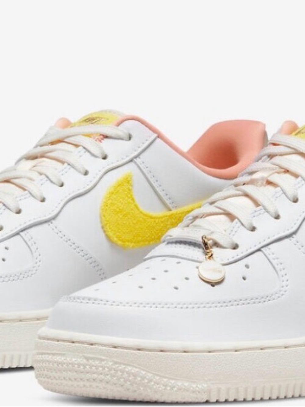 Nike Womens “Mamá” White AF1 Sneakers with Yellow Swoosh and Pinkish Lining